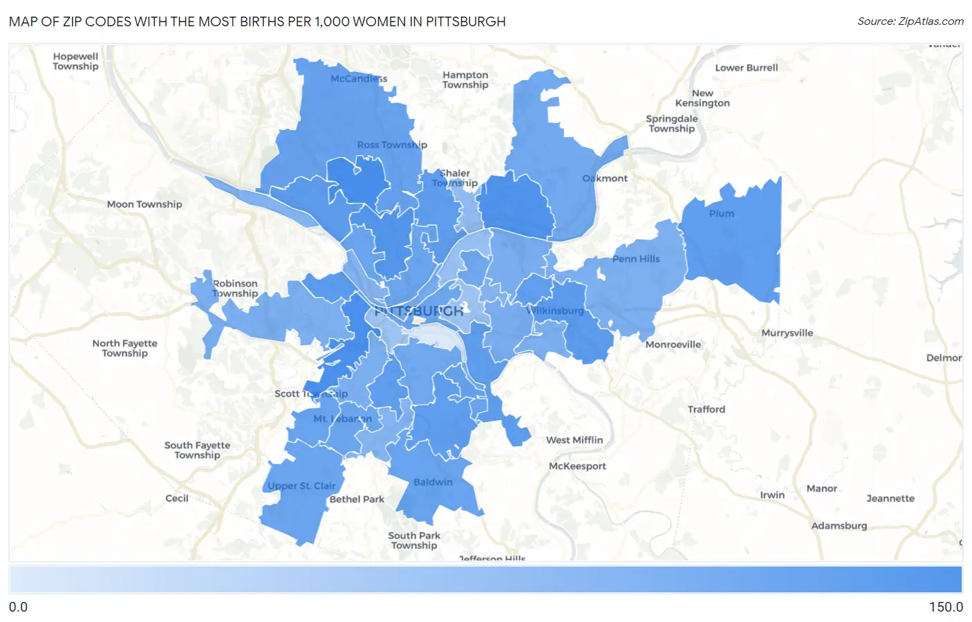 Zip Codes with the Most Births per 1,000 Women in Pittsburgh Map