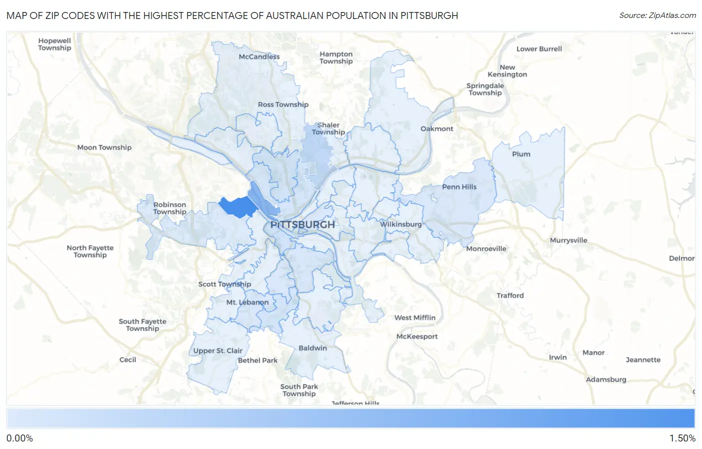 Zip Codes with the Highest Percentage of Australian Population in Pittsburgh Map