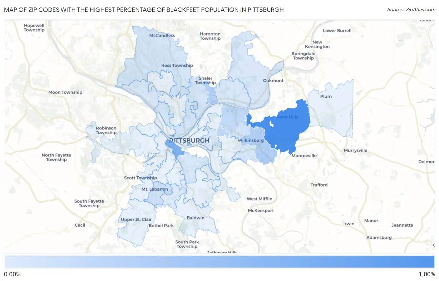 Zip Codes with the Highest Percentage of Blackfeet Population in Pittsburgh Map