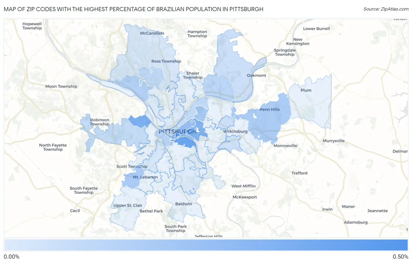 Zip Codes with the Highest Percentage of Brazilian Population in Pittsburgh Map