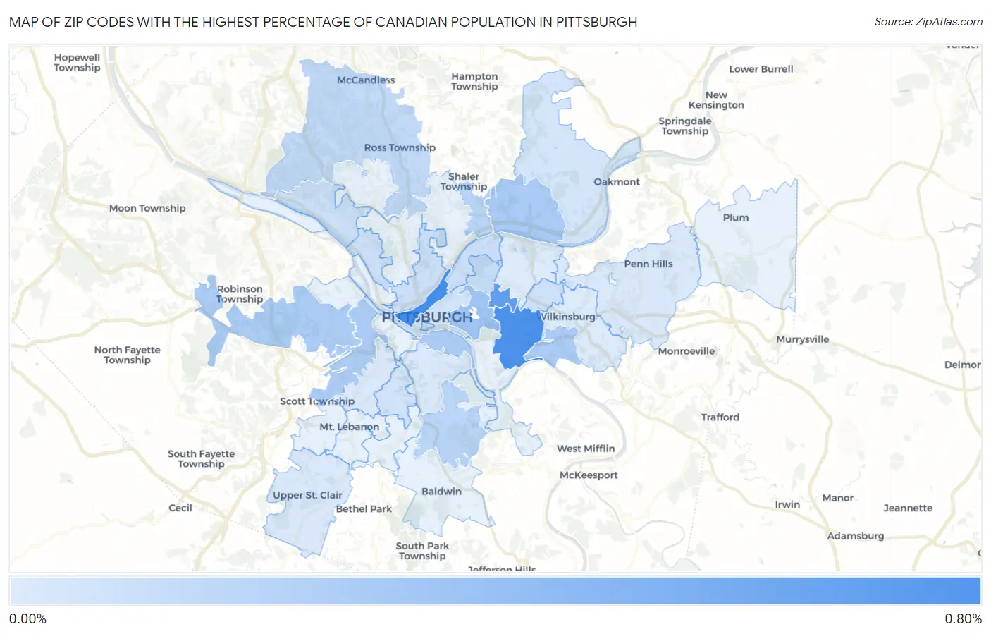Zip Codes with the Highest Percentage of Canadian Population in Pittsburgh Map