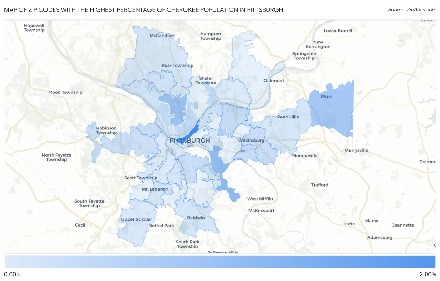 Zip Codes with the Highest Percentage of Cherokee Population in Pittsburgh Map