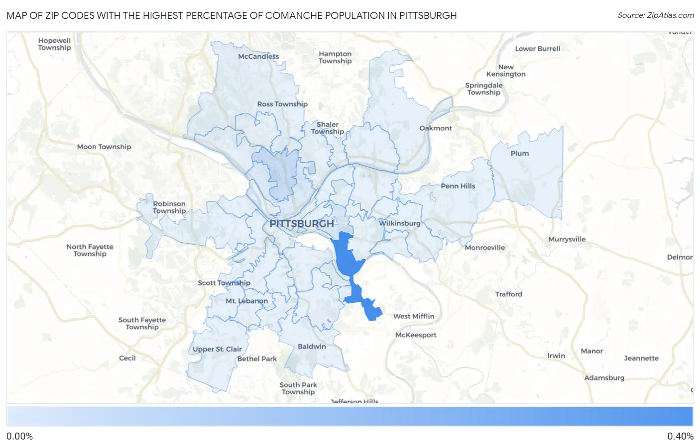 Zip Codes with the Highest Percentage of Comanche Population in Pittsburgh Map