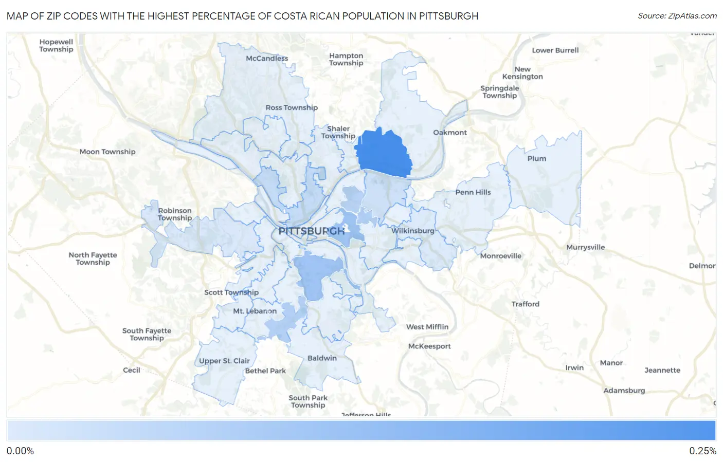 Zip Codes with the Highest Percentage of Costa Rican Population in Pittsburgh Map