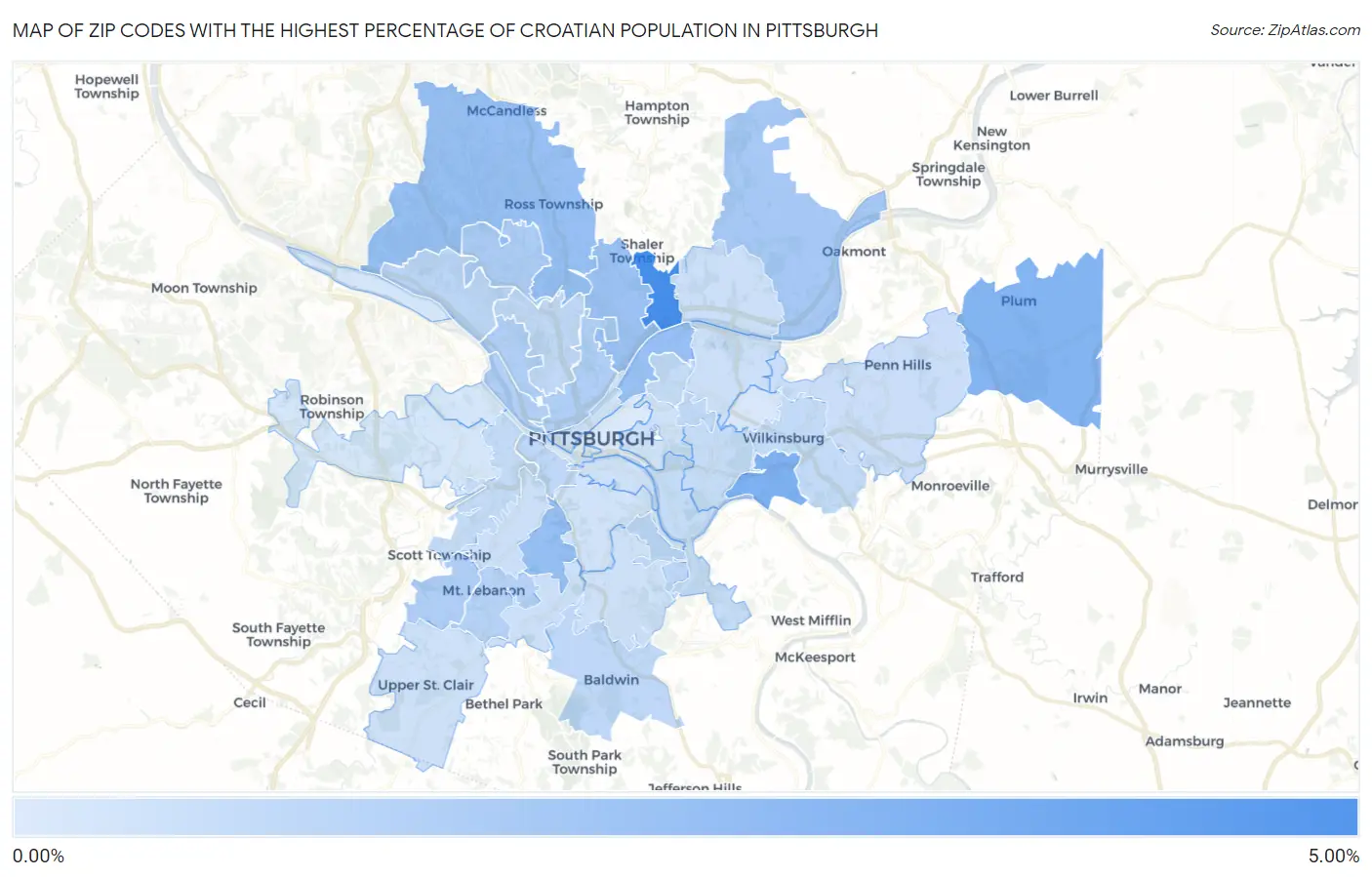 Zip Codes with the Highest Percentage of Croatian Population in Pittsburgh Map