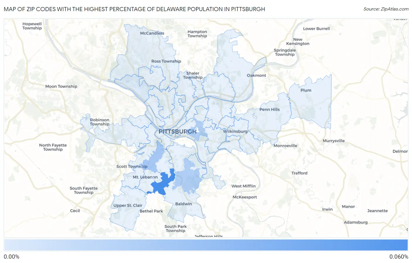 Zip Codes with the Highest Percentage of Delaware Population in Pittsburgh Map