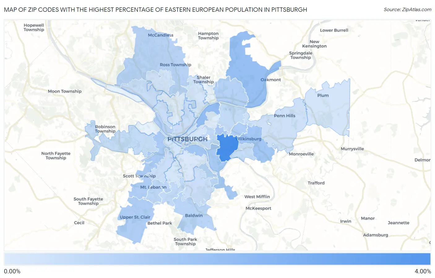 Zip Codes with the Highest Percentage of Eastern European Population in Pittsburgh Map