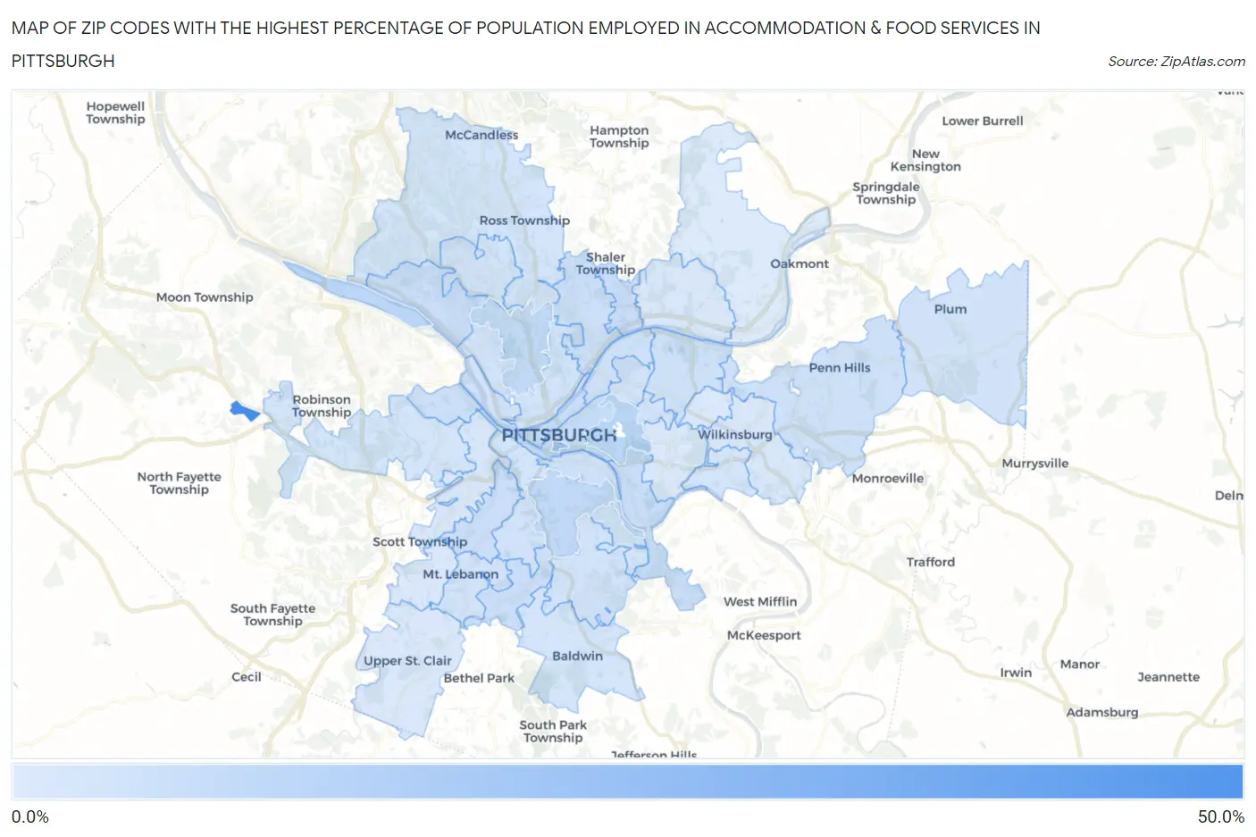 Zip Codes with the Highest Percentage of Population Employed in Accommodation & Food Services in Pittsburgh Map