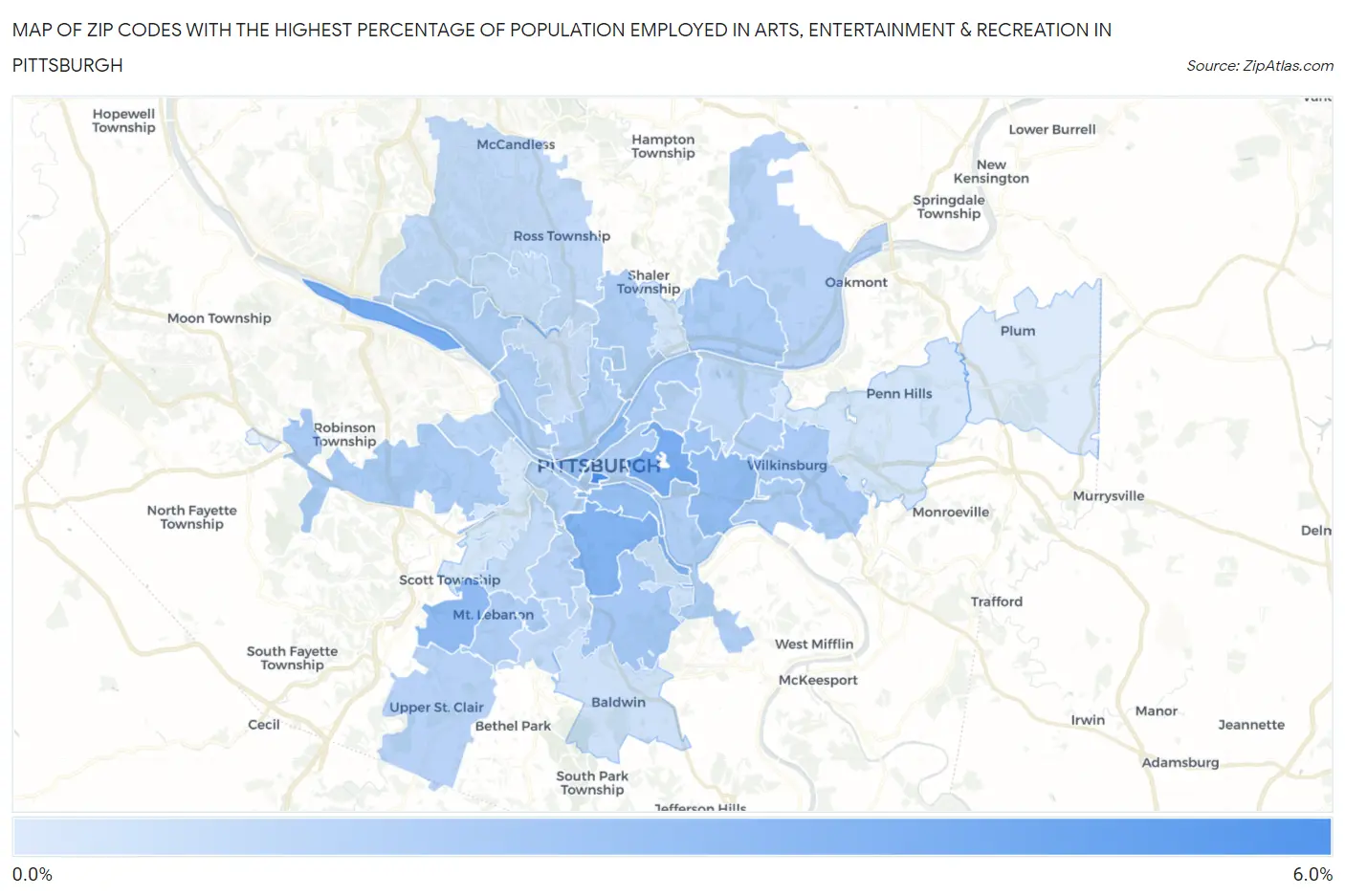 Zip Codes with the Highest Percentage of Population Employed in Arts, Entertainment & Recreation in Pittsburgh Map