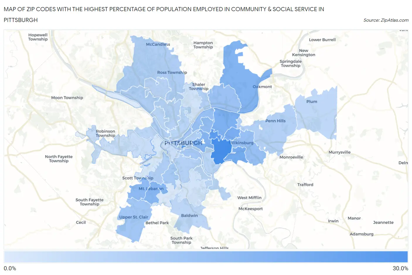 Zip Codes with the Highest Percentage of Population Employed in Community & Social Service  in Pittsburgh Map