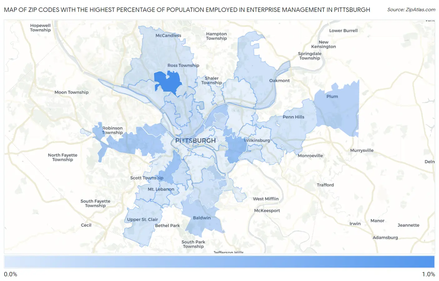 Zip Codes with the Highest Percentage of Population Employed in Enterprise Management in Pittsburgh Map