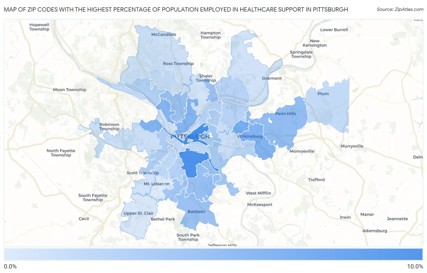 Zip Codes with the Highest Percentage of Population Employed in Healthcare Support in Pittsburgh Map