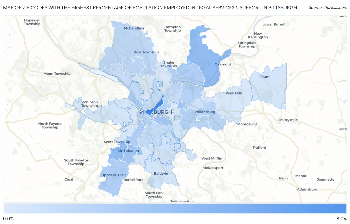 Zip Codes with the Highest Percentage of Population Employed in Legal Services & Support in Pittsburgh Map