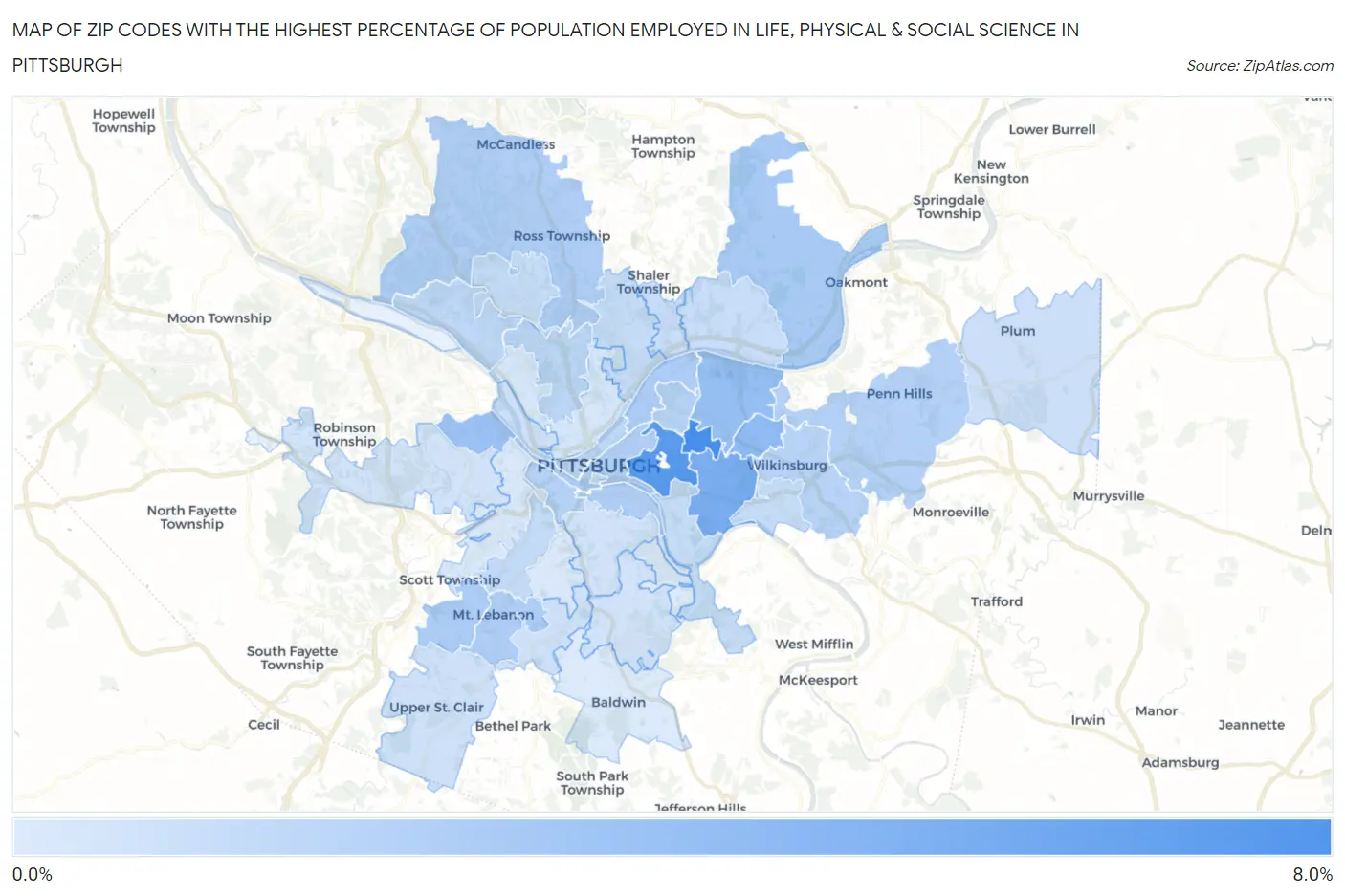 Zip Codes with the Highest Percentage of Population Employed in Life, Physical & Social Science in Pittsburgh Map
