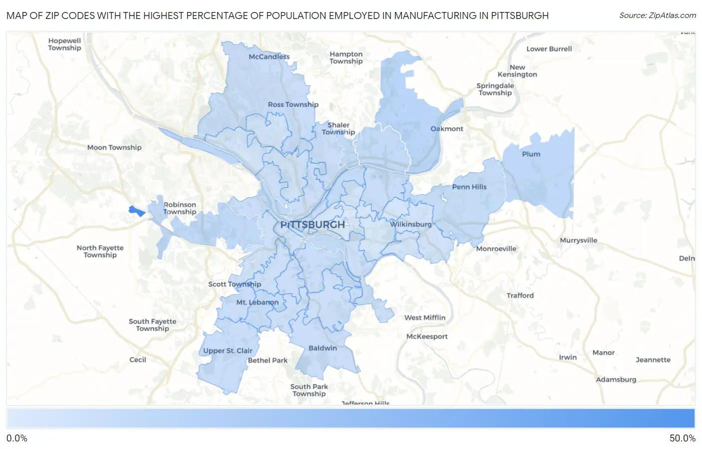Zip Codes with the Highest Percentage of Population Employed in Manufacturing in Pittsburgh Map