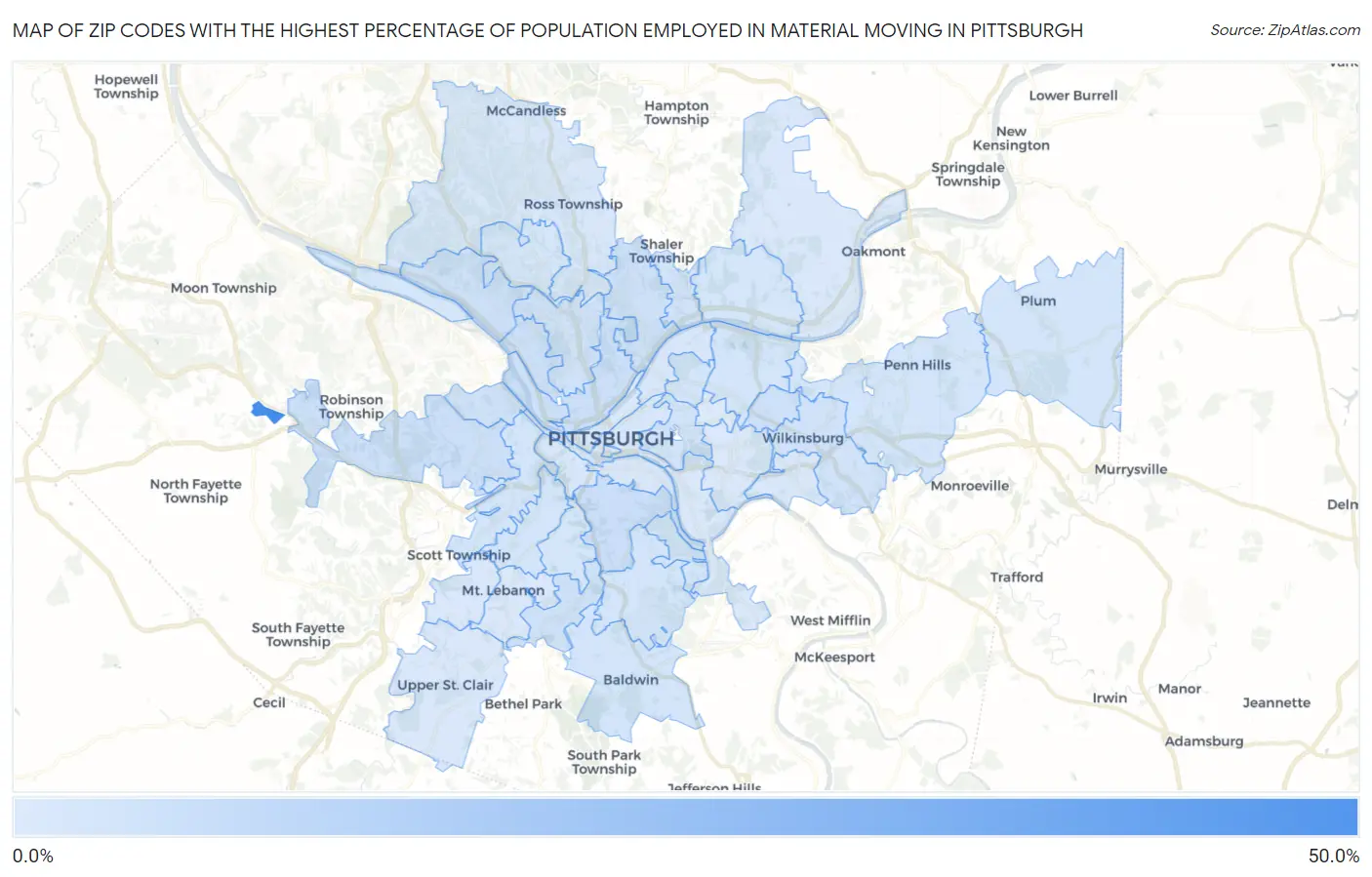 Zip Codes with the Highest Percentage of Population Employed in Material Moving in Pittsburgh Map