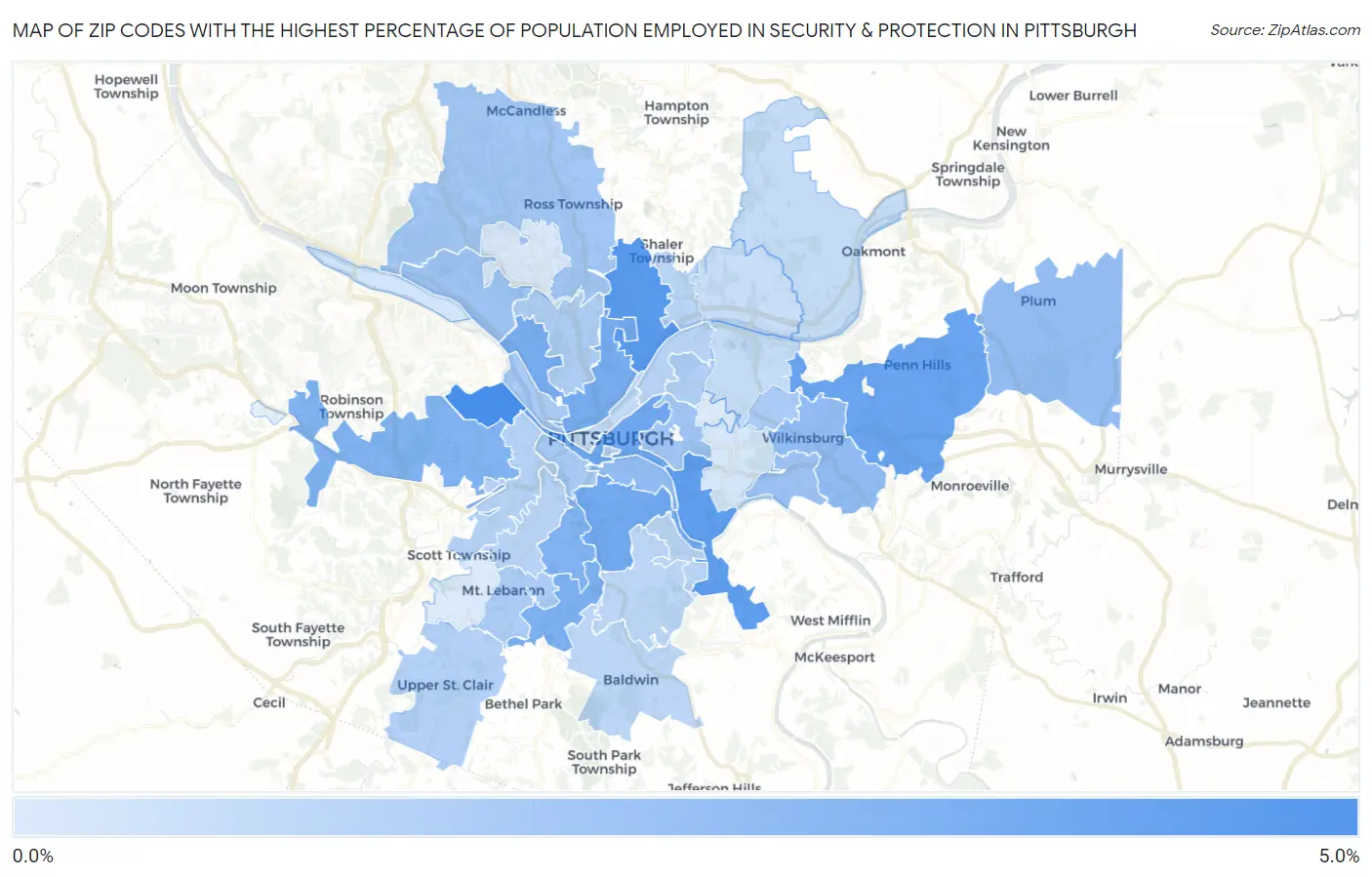 Zip Codes with the Highest Percentage of Population Employed in Security & Protection in Pittsburgh Map