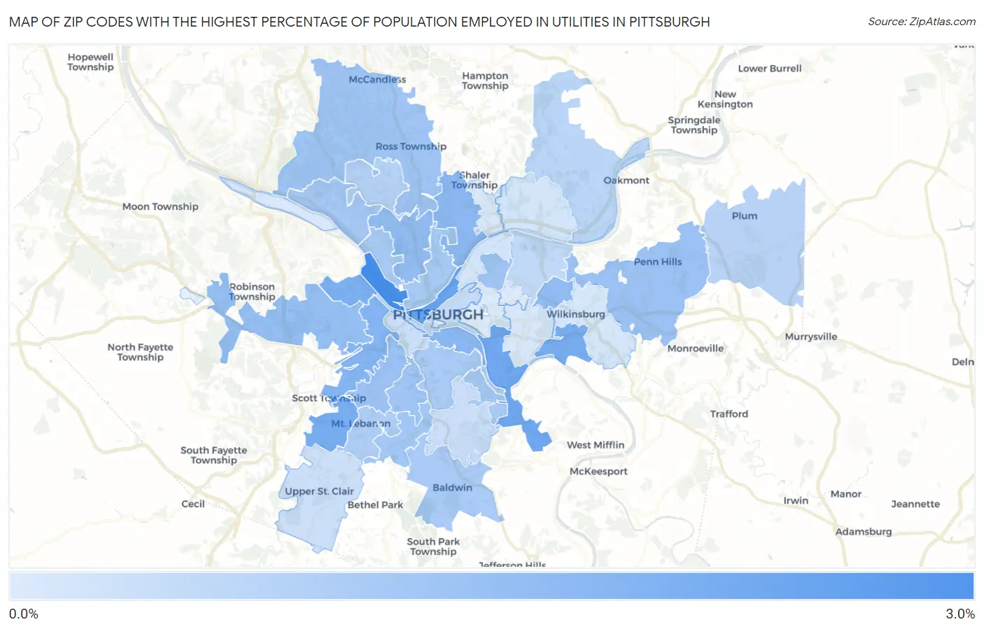 Zip Codes with the Highest Percentage of Population Employed in Utilities in Pittsburgh Map