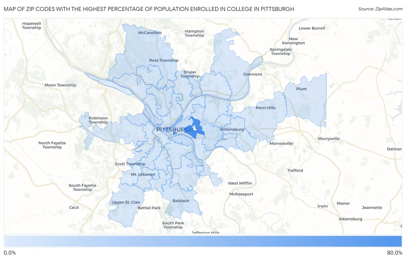 Zip Codes with the Highest Percentage of Population Enrolled in College in Pittsburgh Map