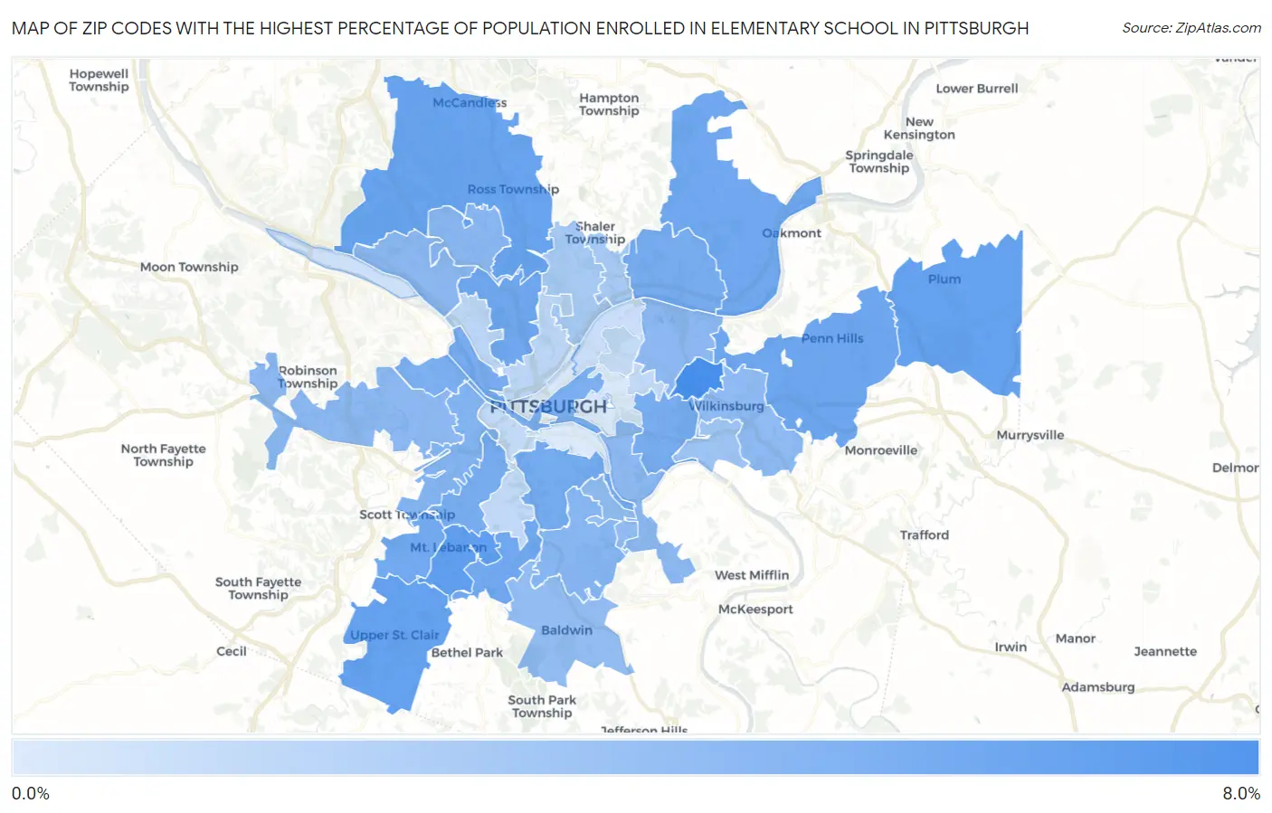 Zip Codes with the Highest Percentage of Population Enrolled in Elementary School in Pittsburgh Map