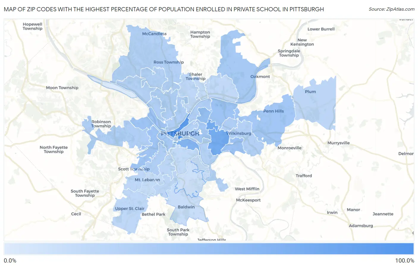 Zip Codes with the Highest Percentage of Population Enrolled in Private School in Pittsburgh Map