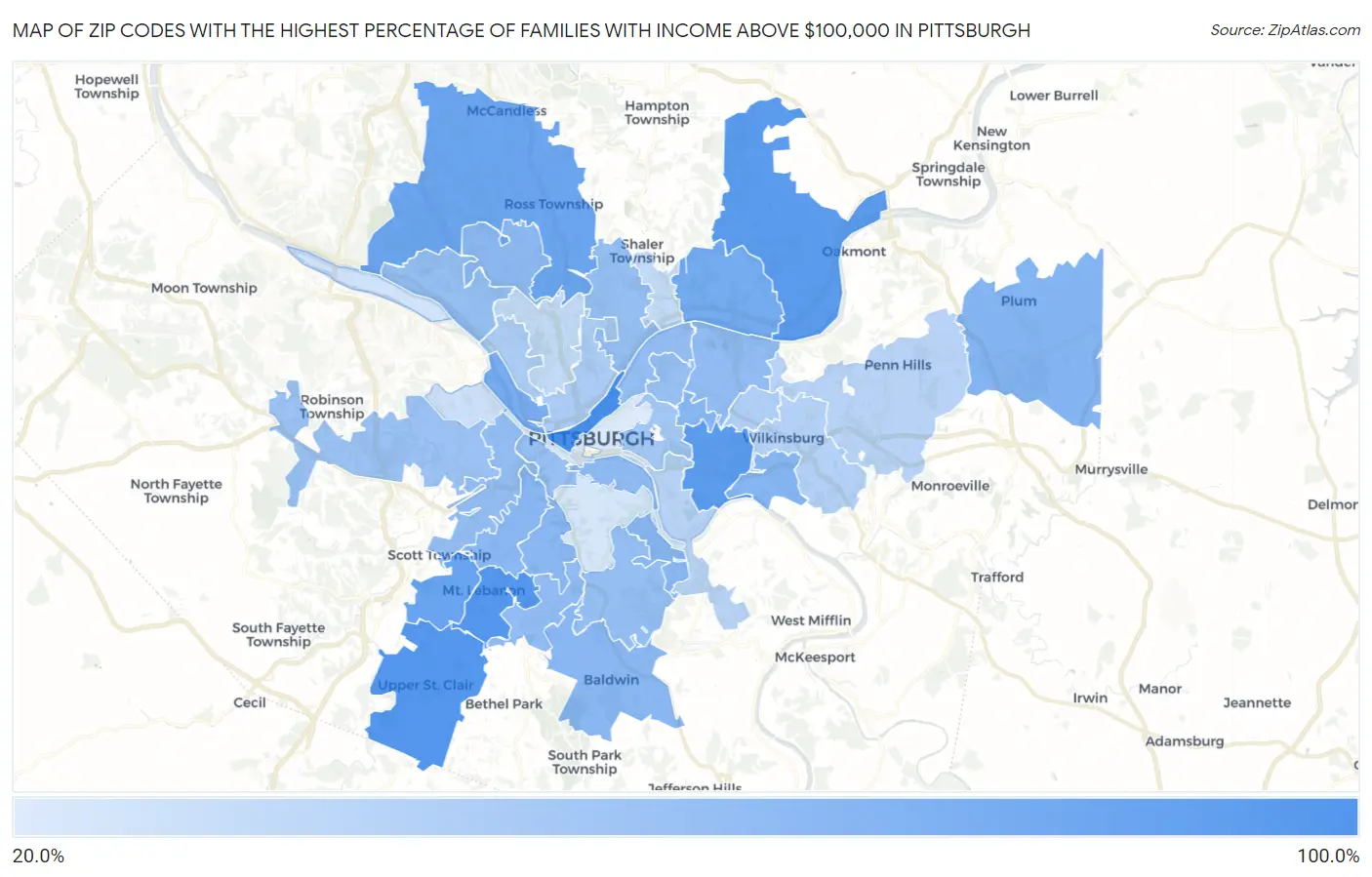 Zip Codes with the Highest Percentage of Families with Income Above $100,000 in Pittsburgh Map
