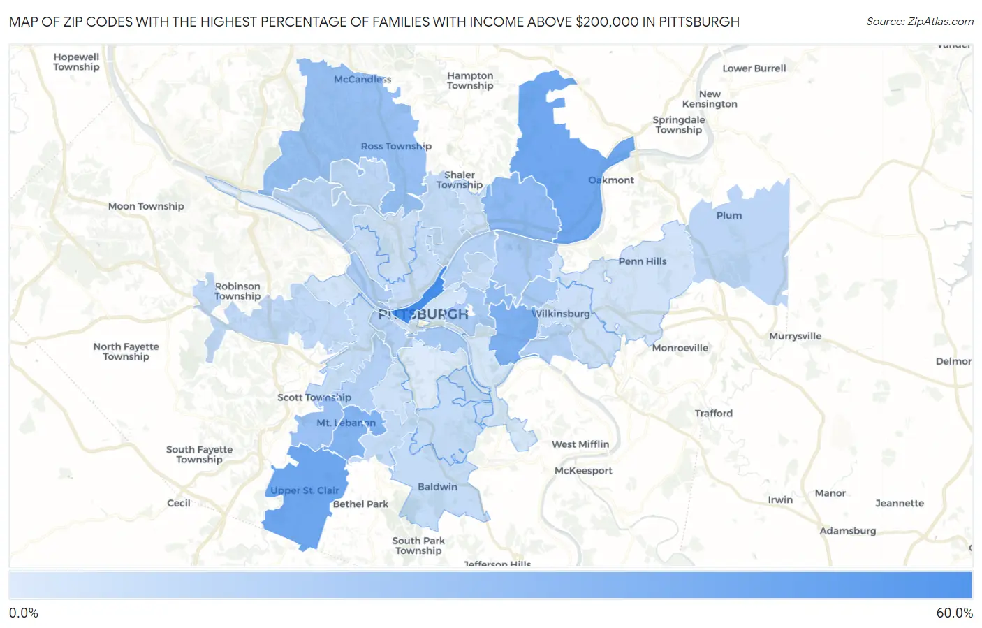 Zip Codes with the Highest Percentage of Families with Income Above $200,000 in Pittsburgh Map
