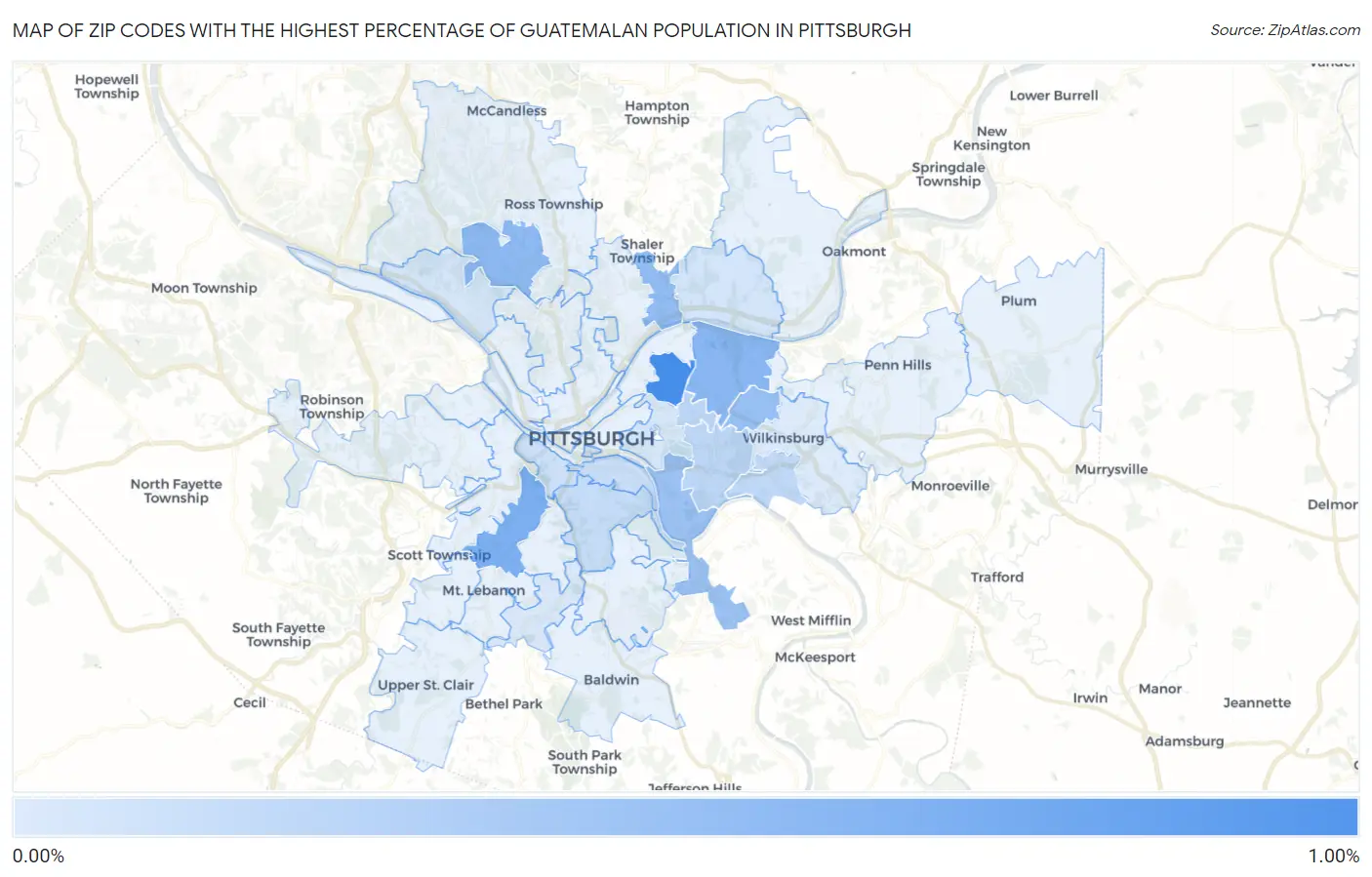 Zip Codes with the Highest Percentage of Guatemalan Population in Pittsburgh Map