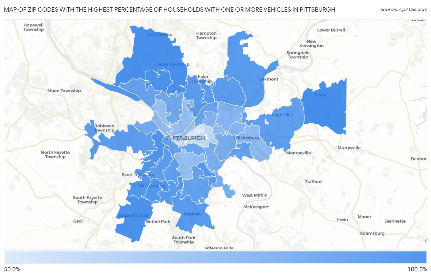 Zip Codes with the Highest Percentage of Households With One or more Vehicles in Pittsburgh Map