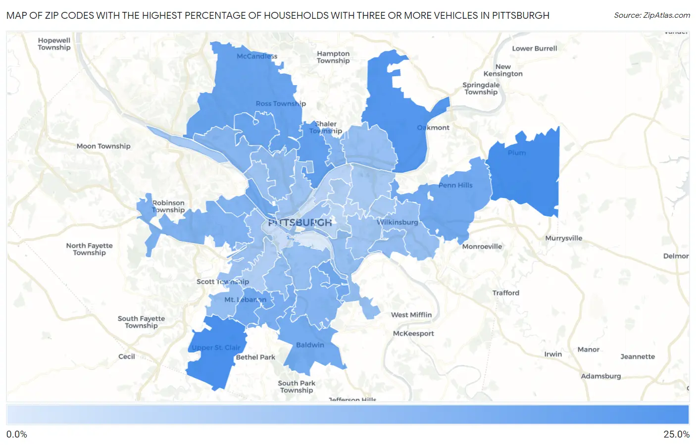 Zip Codes with the Highest Percentage of Households With Three or more Vehicles in Pittsburgh Map