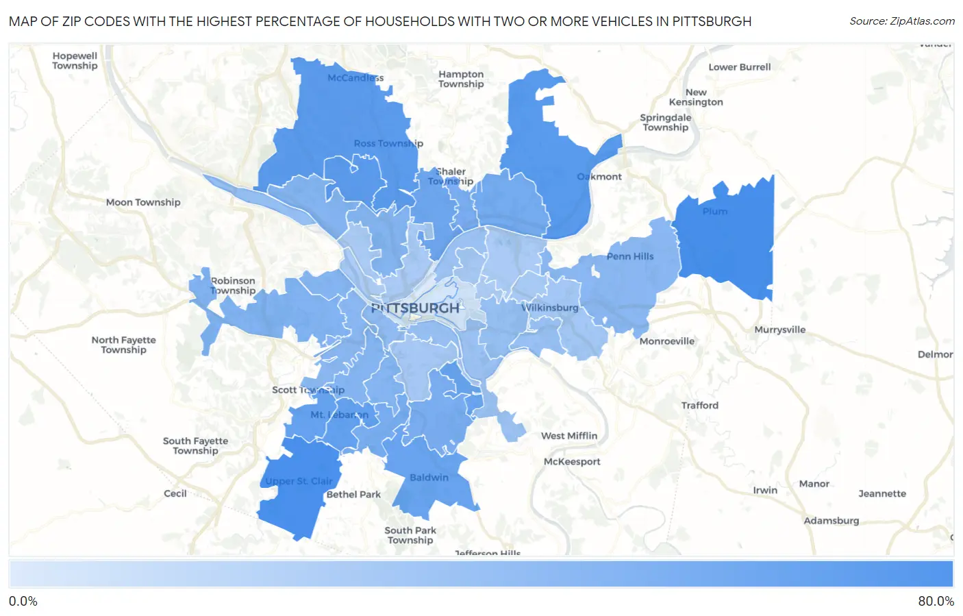 Zip Codes with the Highest Percentage of Households With Two or more Vehicles in Pittsburgh Map