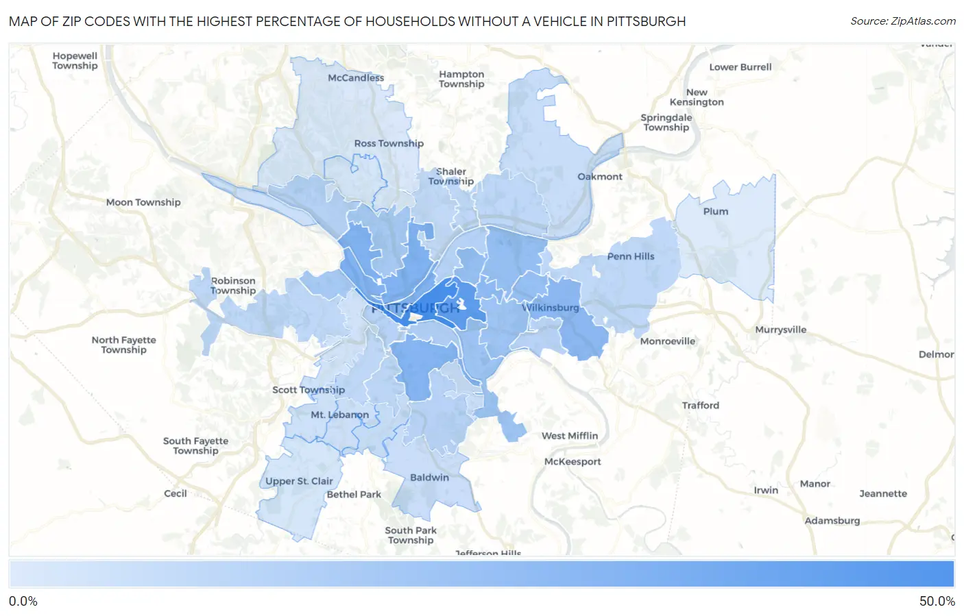 Zip Codes with the Highest Percentage of Households Without a Vehicle in Pittsburgh Map