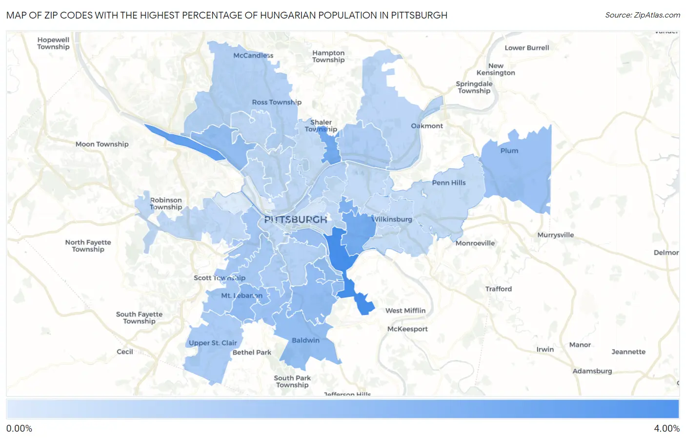 Zip Codes with the Highest Percentage of Hungarian Population in Pittsburgh Map