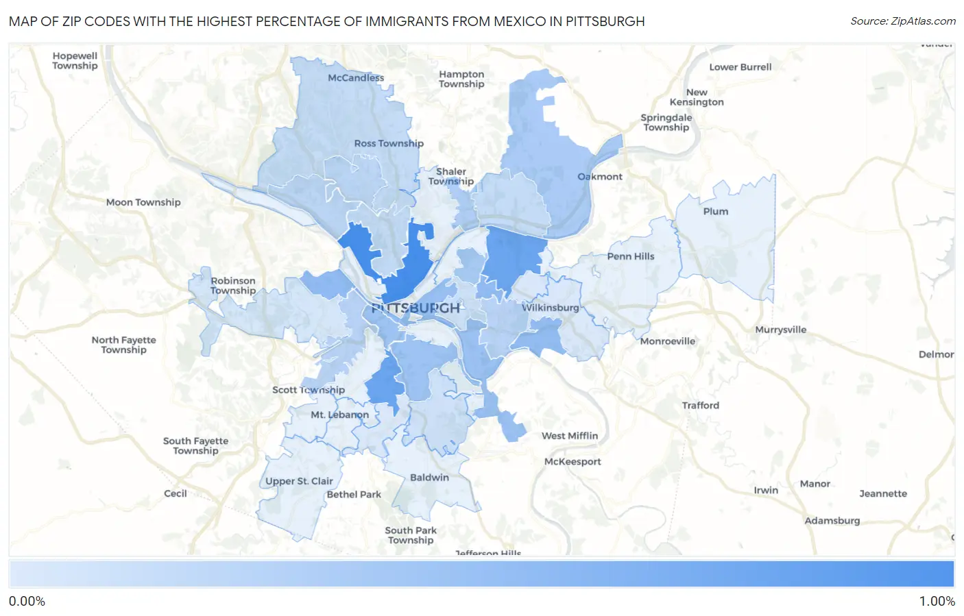 Zip Codes with the Highest Percentage of Immigrants from Mexico in Pittsburgh Map