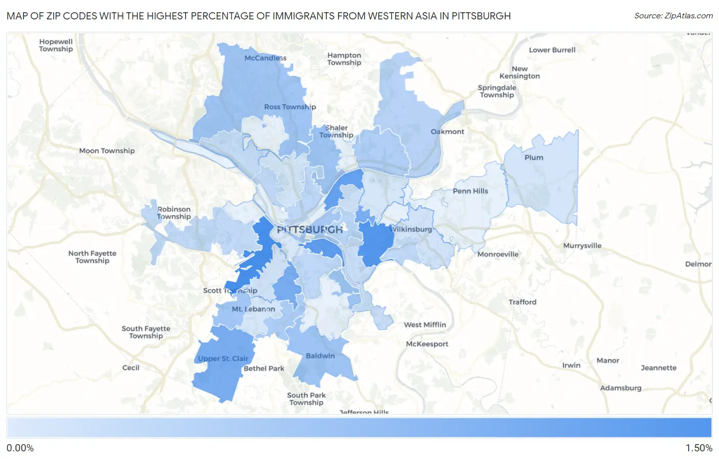 Zip Codes with the Highest Percentage of Immigrants from Western Asia in Pittsburgh Map