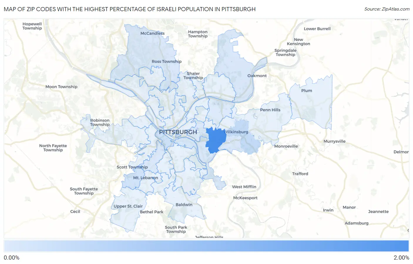 Zip Codes with the Highest Percentage of Israeli Population in Pittsburgh Map