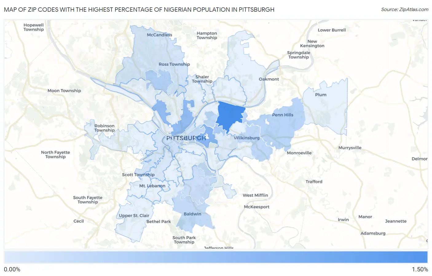 Zip Codes with the Highest Percentage of Nigerian Population in Pittsburgh Map