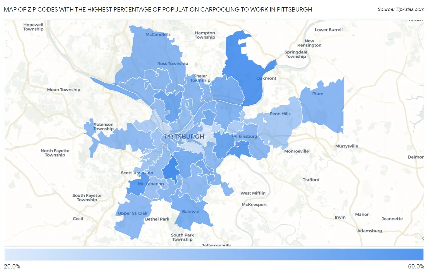 Zip Codes with the Highest Percentage of Population Carpooling to Work in Pittsburgh Map
