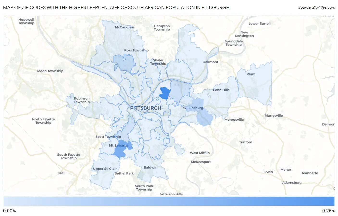 Zip Codes with the Highest Percentage of South African Population in Pittsburgh Map