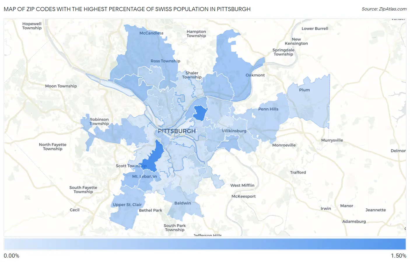 Zip Codes with the Highest Percentage of Swiss Population in Pittsburgh Map