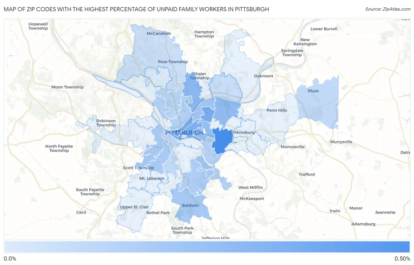 Zip Codes with the Highest Percentage of Unpaid Family Workers in Pittsburgh Map