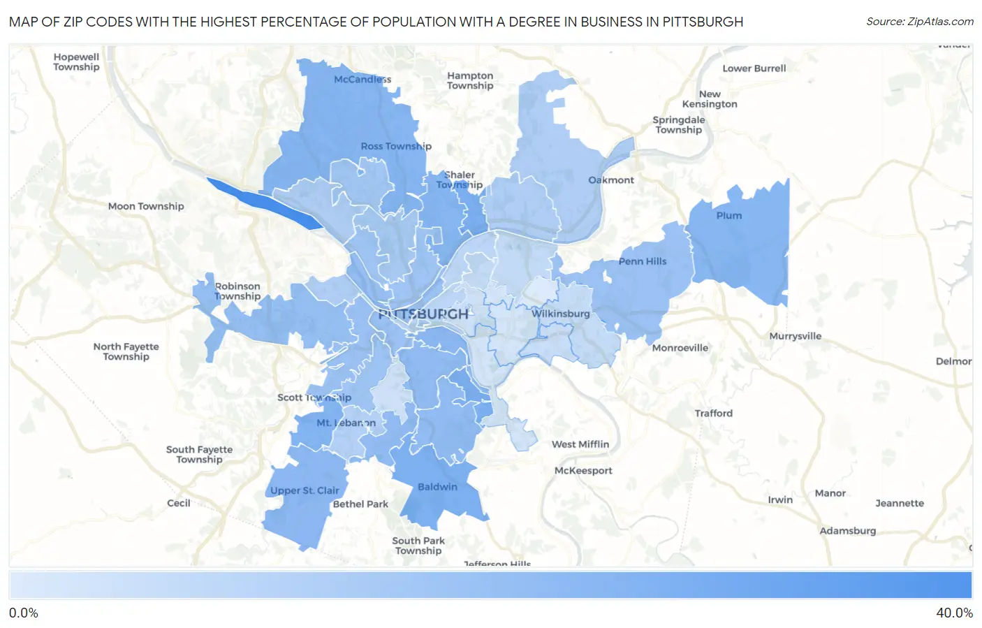 Zip Codes with the Highest Percentage of Population with a Degree in Business in Pittsburgh Map