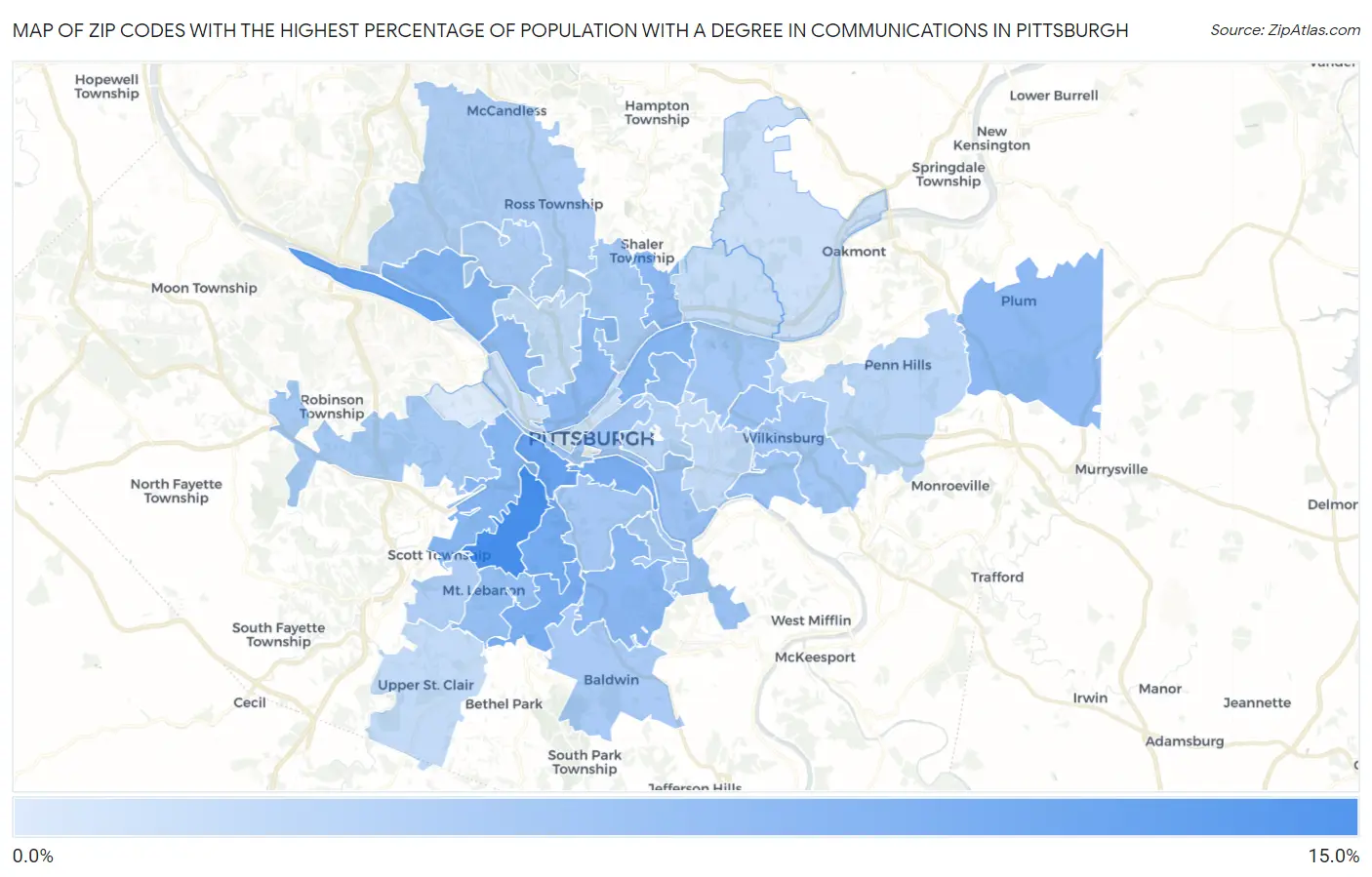 Zip Codes with the Highest Percentage of Population with a Degree in Communications in Pittsburgh Map