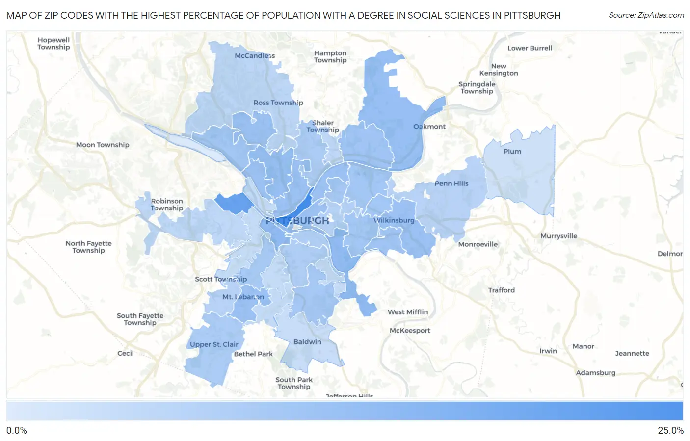 Zip Codes with the Highest Percentage of Population with a Degree in Social Sciences in Pittsburgh Map