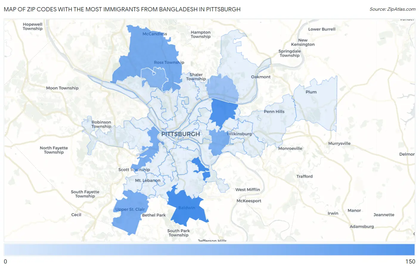 Zip Codes with the Most Immigrants from Bangladesh in Pittsburgh Map