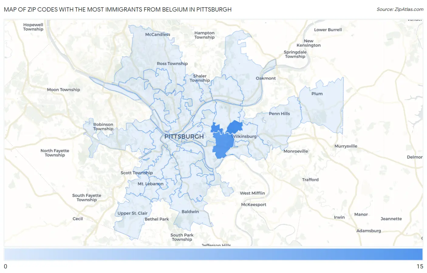 Zip Codes with the Most Immigrants from Belgium in Pittsburgh Map