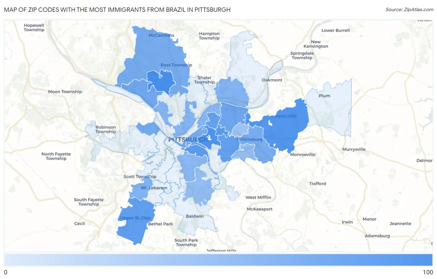 Zip Codes with the Most Immigrants from Brazil in Pittsburgh Map