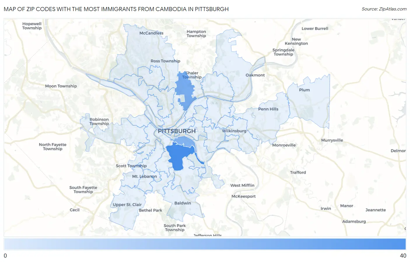 Zip Codes with the Most Immigrants from Cambodia in Pittsburgh Map