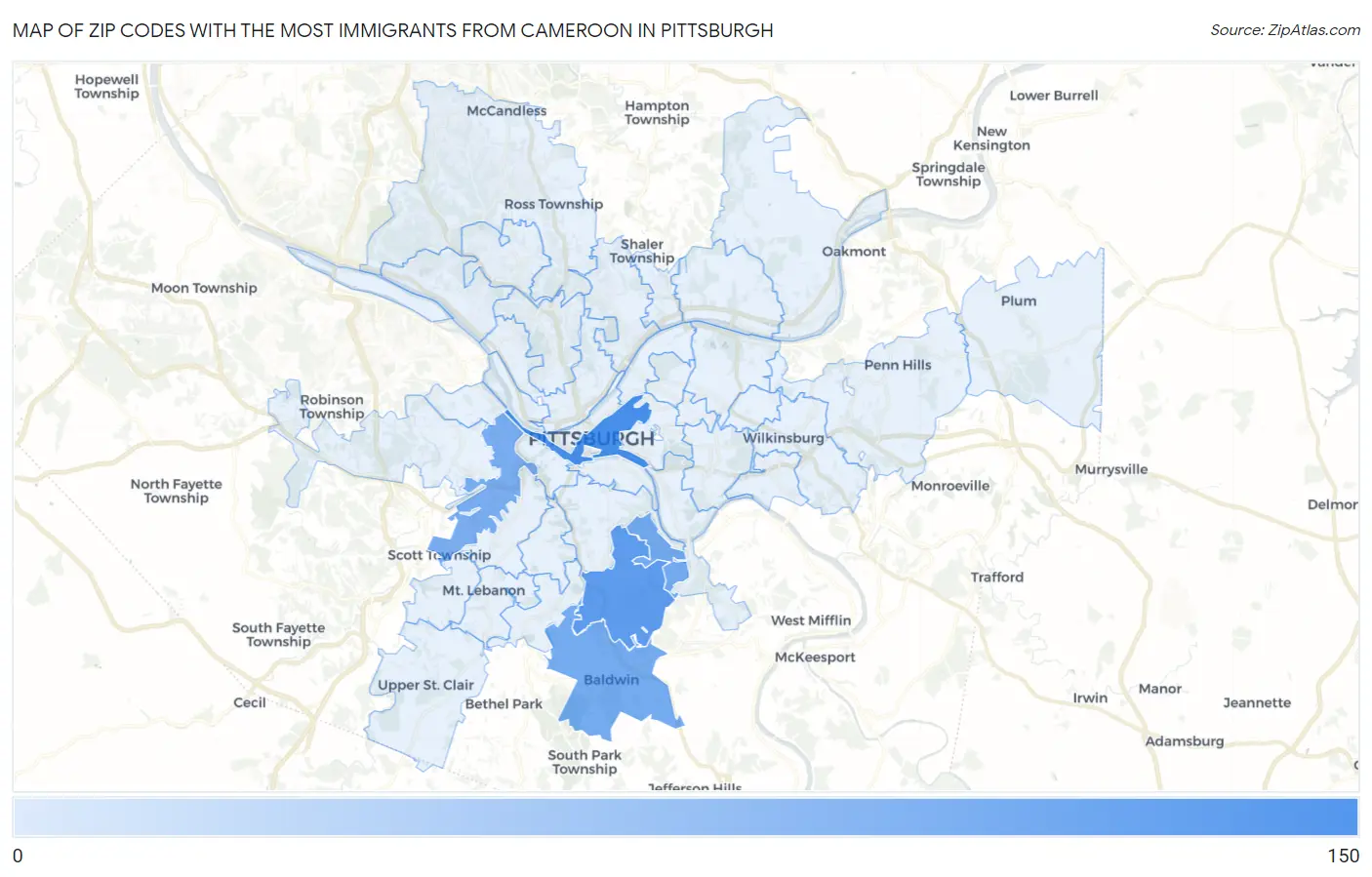 Zip Codes with the Most Immigrants from Cameroon in Pittsburgh Map