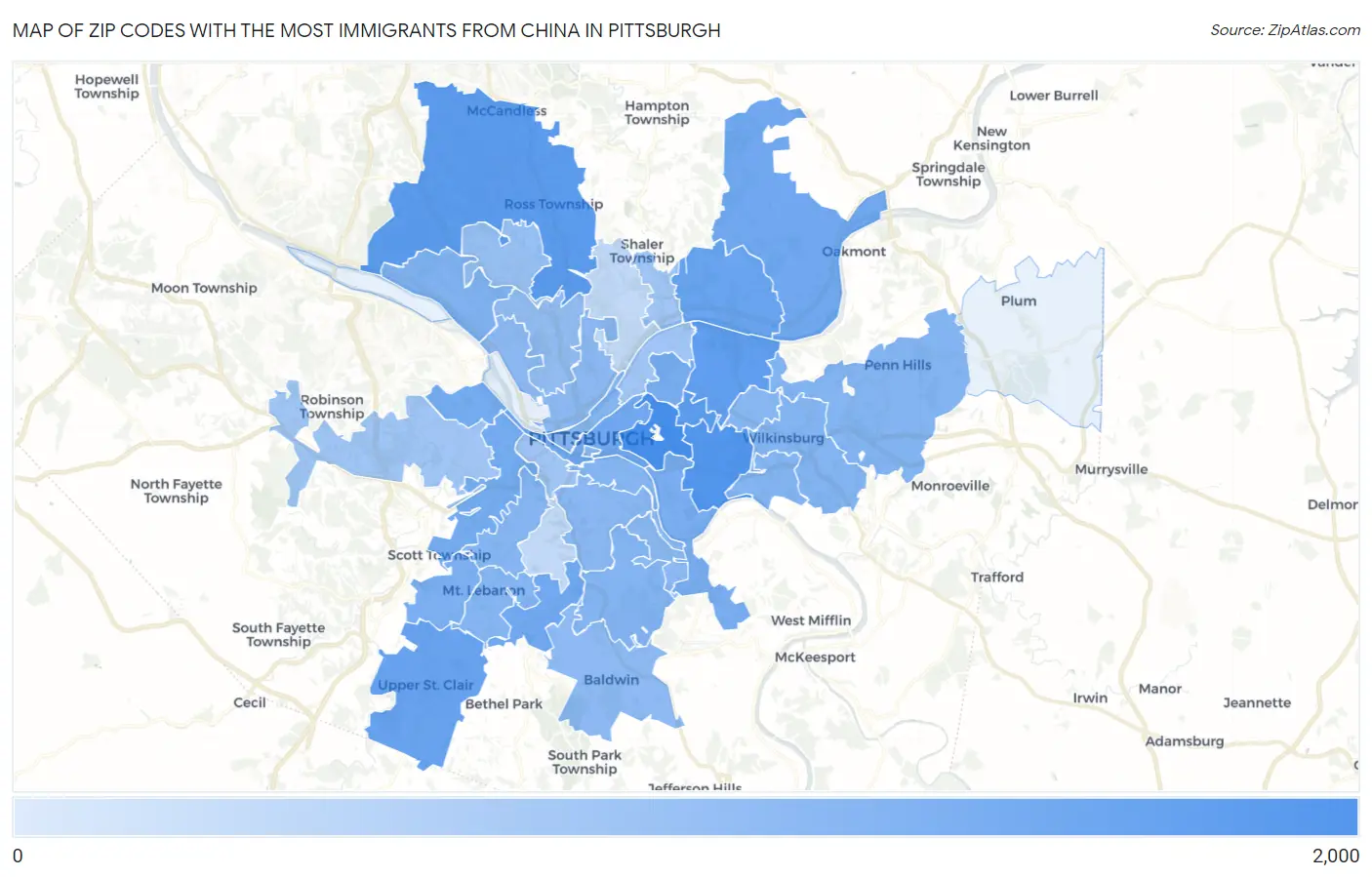 Zip Codes with the Most Immigrants from China in Pittsburgh Map